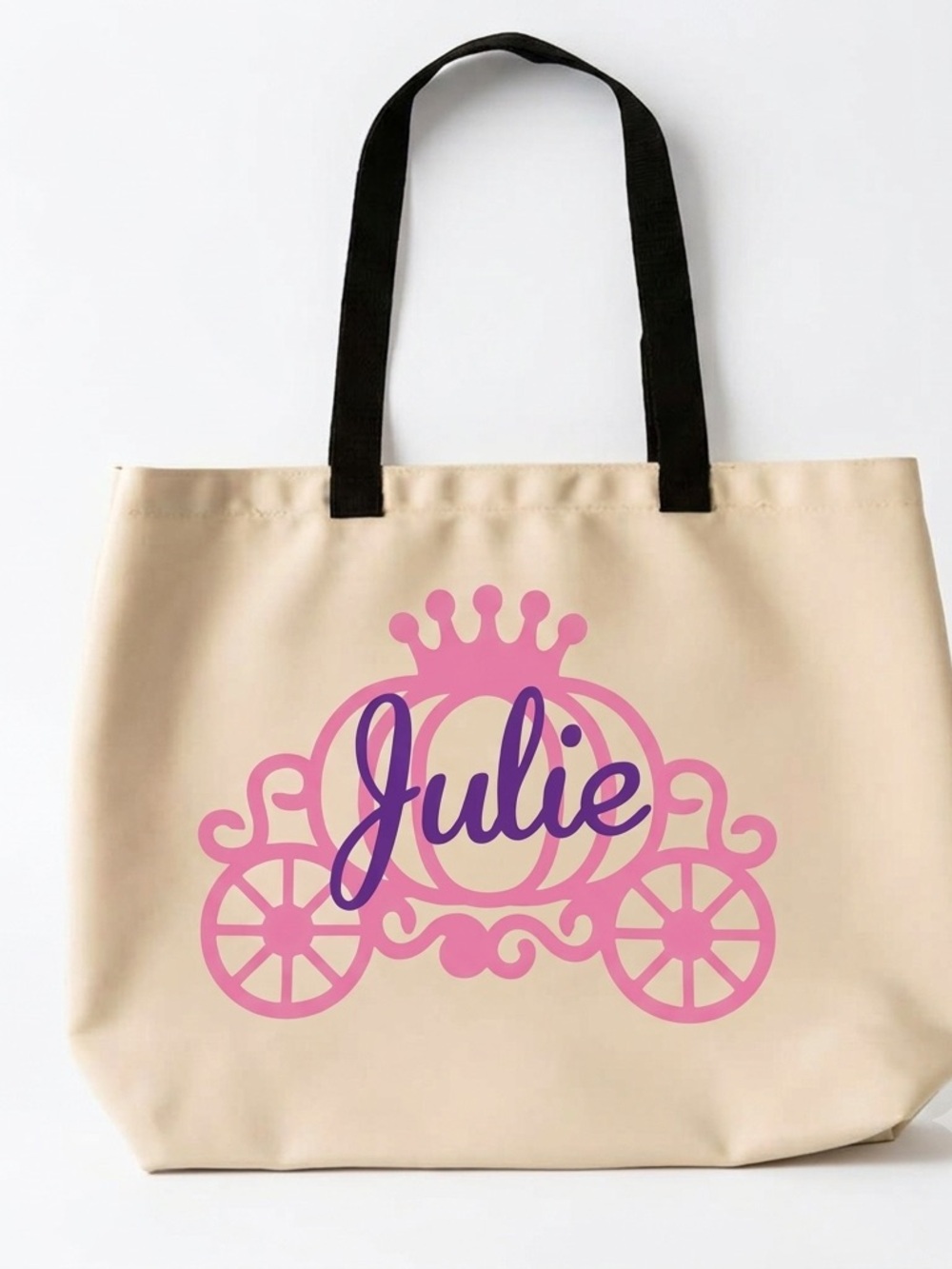 Personalized Princess Tote Bag in Beige with Pink and Purple Design Carriage